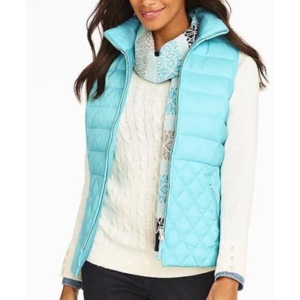Talbots Down Puffer Vest Womens M Medium Aqua Filled Quilted Zip Up Mock Jacket